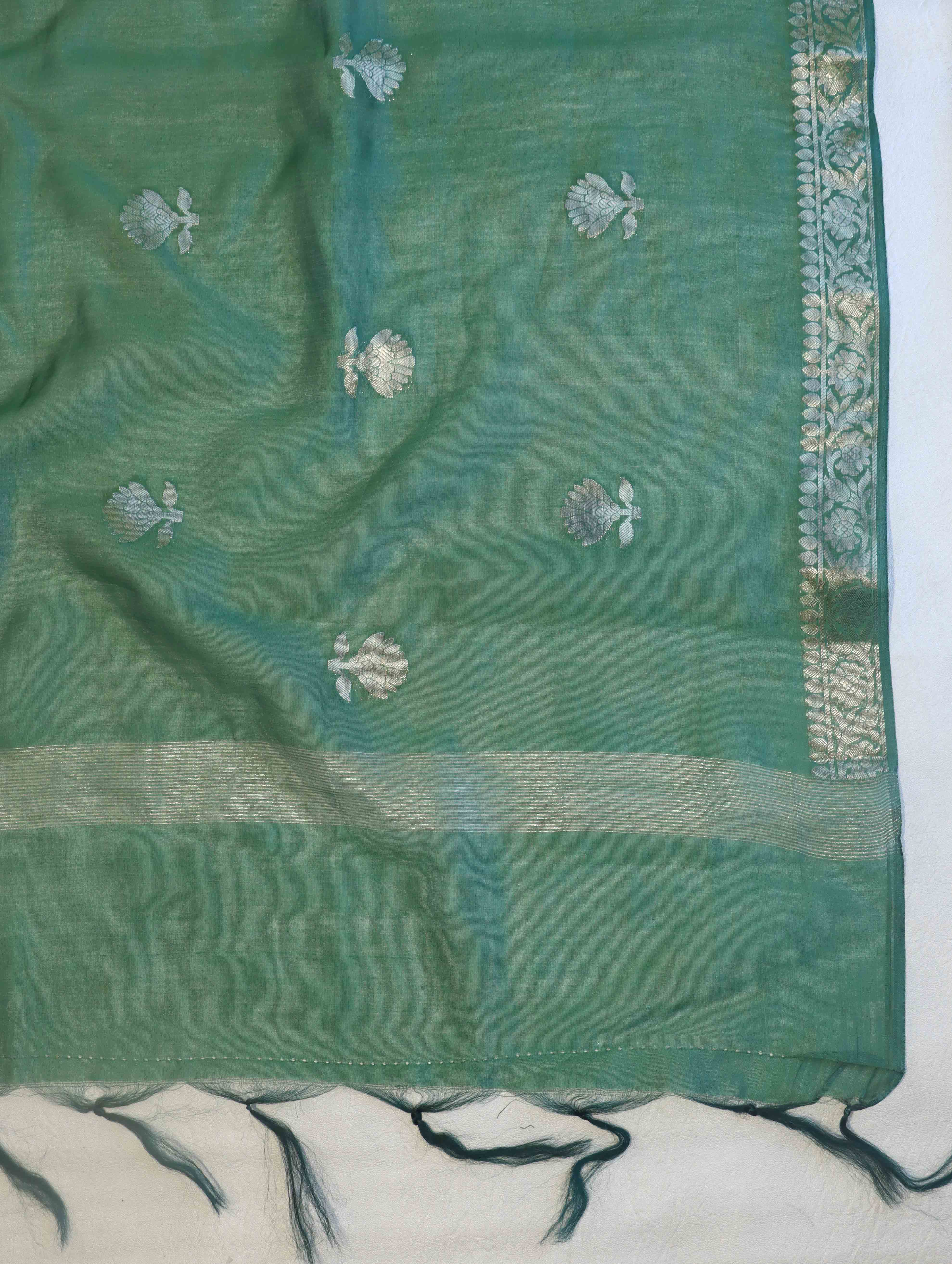 Banarasee Handloom Pure Silk Zari Buti Salwar Kameez Fabric With Dupatta-Orange & Green