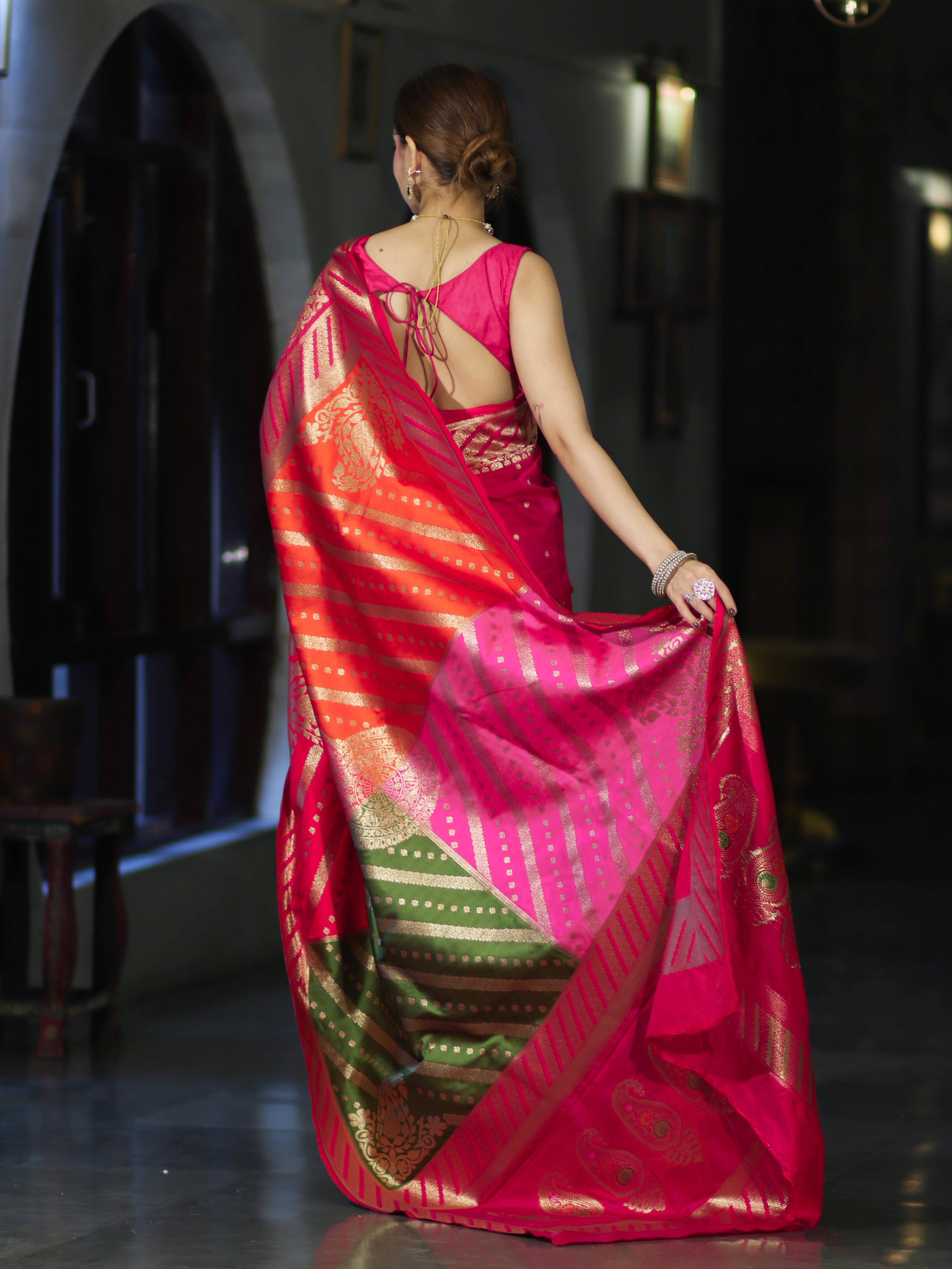 Banarasee Semi Katan Saree With Buti Design & Zari Woven Multicolor Pallu-Pink