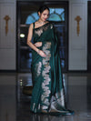 Banarasee Handloom Plain Semi Silk Saree With Zari Border-Deep Green