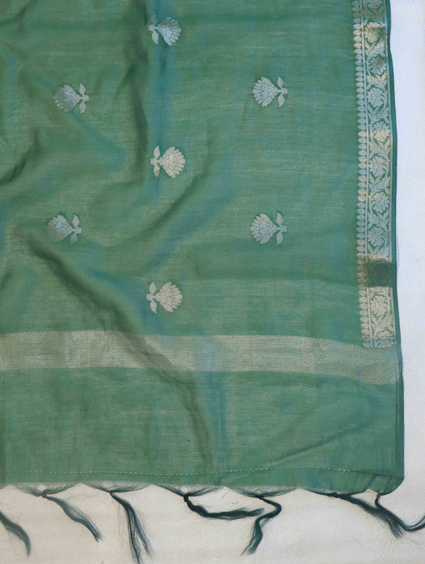 Banarasee Handloom Pure Silk Zari Buti Salwar Kameez Fabric With Dupatta-Orange & Green