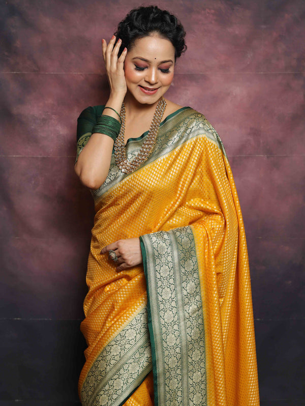 Banarasee Semi-Katan Zari Buta & Contrast Border Saree-Yellow & Green