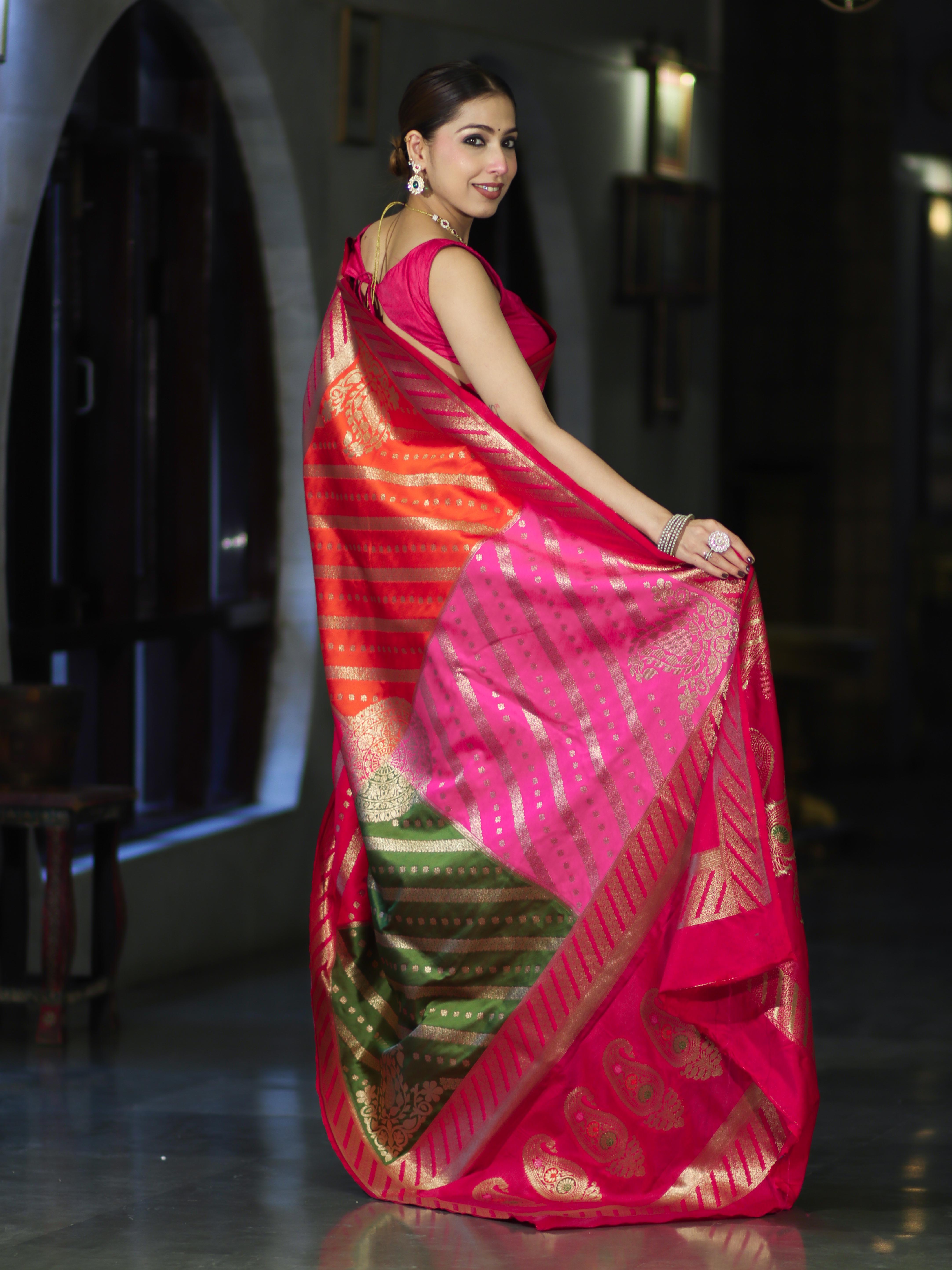 Banarasee Semi Katan Saree With Buti Design & Zari Woven Multicolor Pallu-Pink