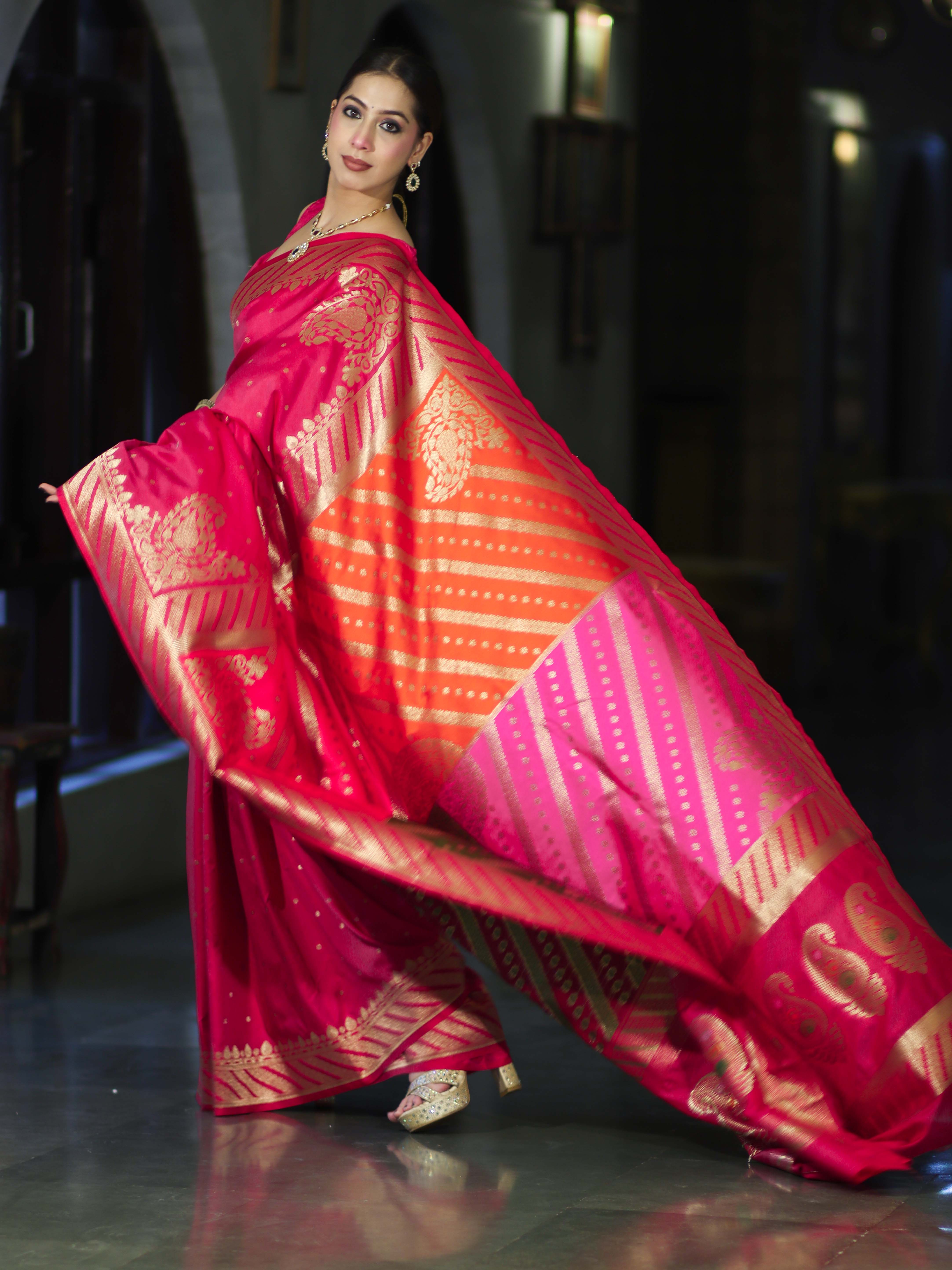 Banarasee Semi Katan Saree With Buti Design & Zari Woven Multicolor Pallu-Pink