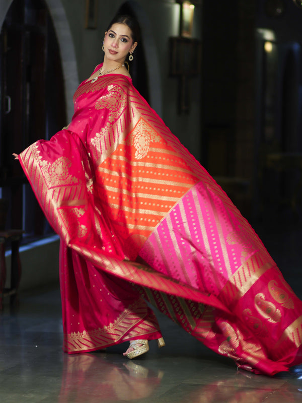 Banarasee Semi Katan Saree With Buti Design & Zari Woven Multicolor Pallu-Pink