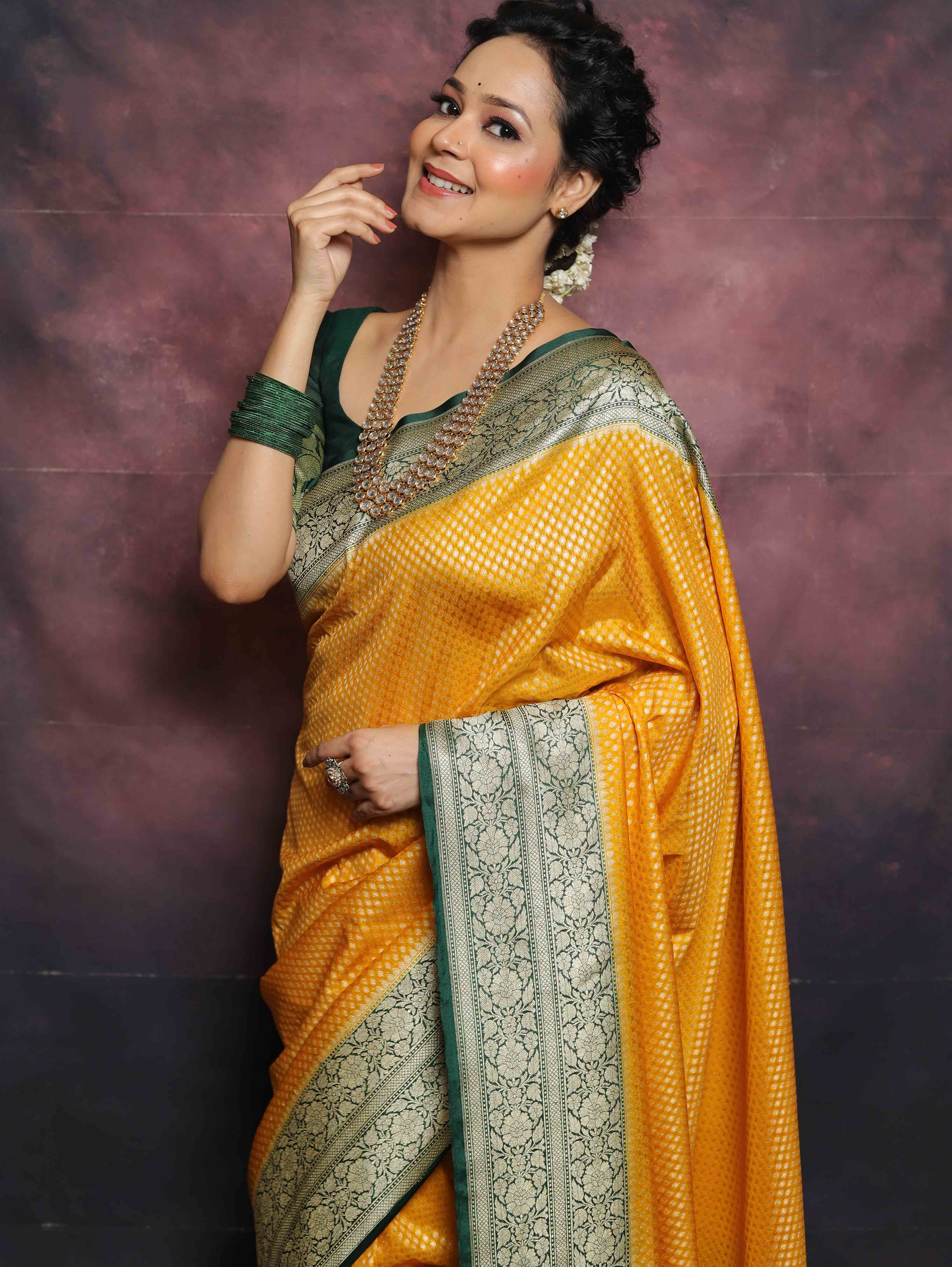 Banarasee Semi-Katan Zari Buta & Contrast Border Saree-Yellow & Green