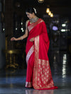 Banarasee Handwoven Plain Semi Katan Saree With Gold Zari Border-Red