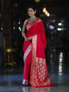 Banarasee Handwoven Plain Semi Katan Saree With Gold Zari Border-Red