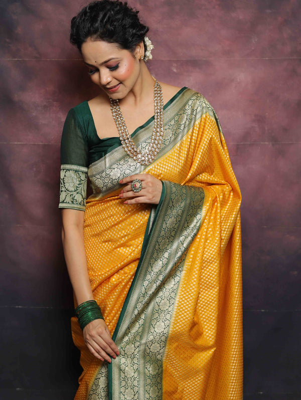 Banarasee Semi-Katan Zari Buta & Contrast Border Saree-Yellow & Green