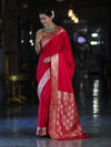 Banarasee Handwoven Plain Semi Katan Saree With Gold Zari Border-Red