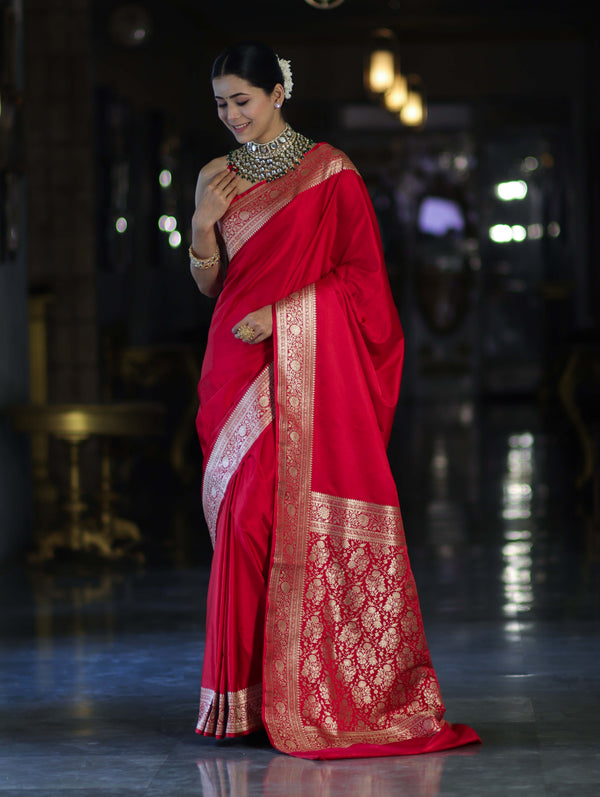 Banarasee Handwoven Plain Semi Katan Saree With Gold Zari Border-Red