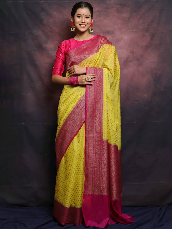 Banarasee Semi-Chiffon Antique Zari Saree Contrast Border Saree-Yellow & Pink