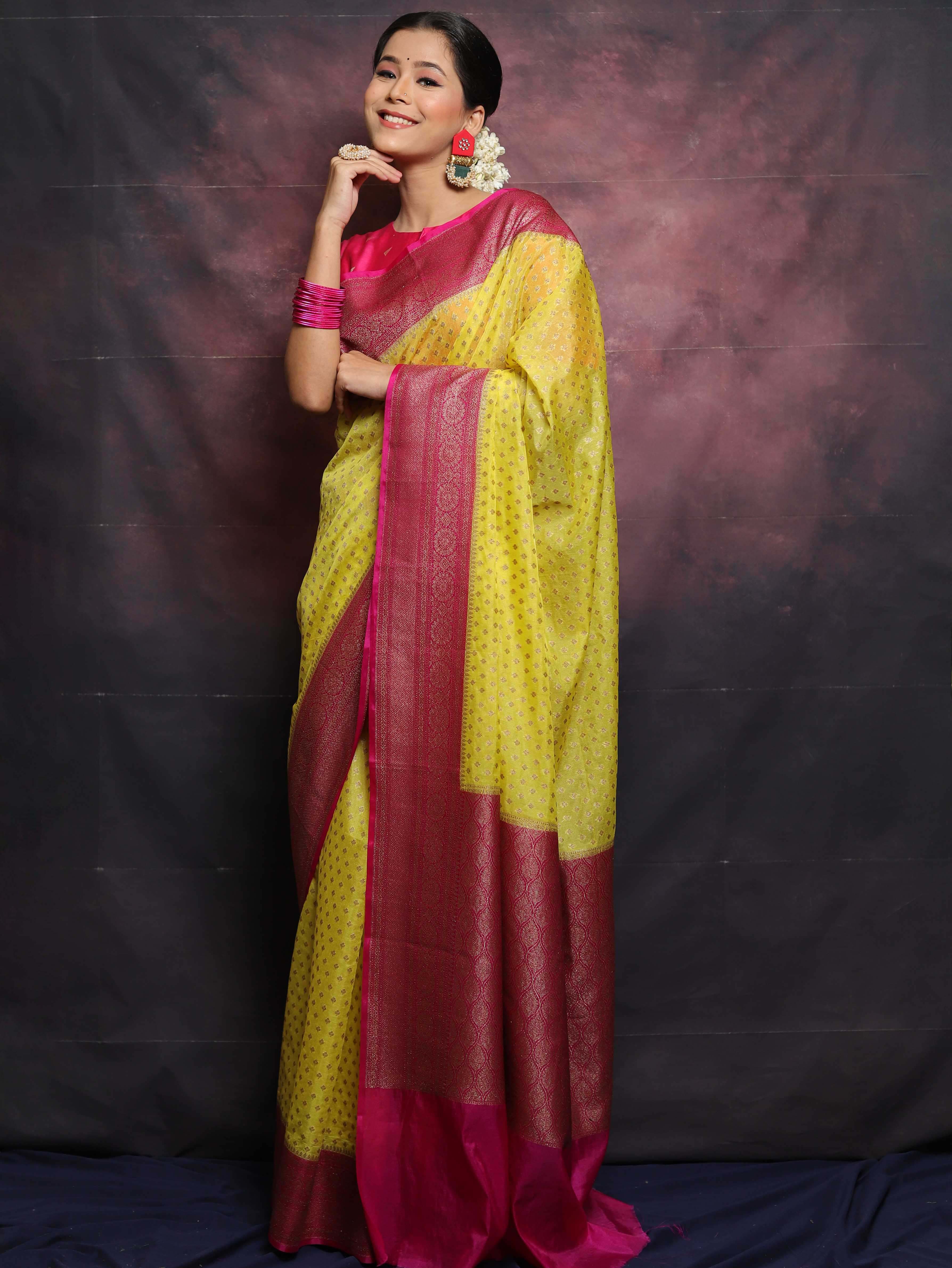 Banarasee Semi-Chiffon Antique Zari Saree Contrast Border Saree-Yellow & Pink
