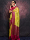 Banarasee Semi-Chiffon Antique Zari Saree Contrast Border Saree-Yellow & Pink
