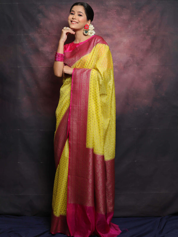 Banarasee Semi-Chiffon Antique Zari Saree Contrast Border Saree-Yellow & Pink