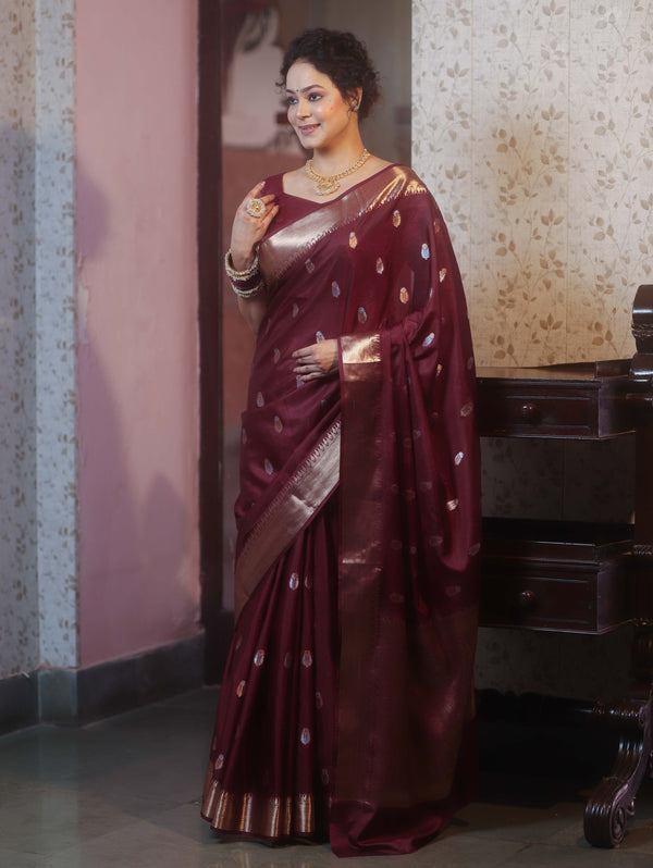 Banarasee Handwoven Semi Silk Saree With Zari Border-Maroon