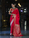 Banarasee Handwoven Plain Semi Katan Saree With Gold Zari Border-Red