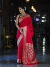 Banarasee Handwoven Plain Semi Katan Saree With Gold Zari Border-Red
