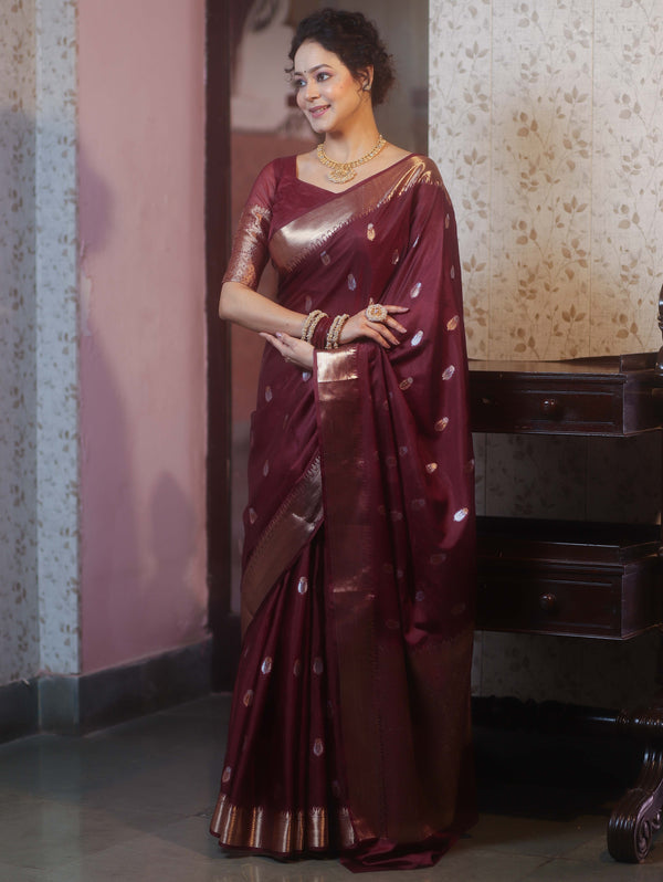 Banarasee Handwoven Semi Silk Saree With Zari Border-Maroon