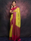 Banarasee Semi-Chiffon Antique Zari Saree Contrast Border Saree-Yellow & Pink