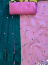 Banarasee Brocade Salwar Kameez Fabric With Mirror Work & Dupatta-Pink & Teal Green