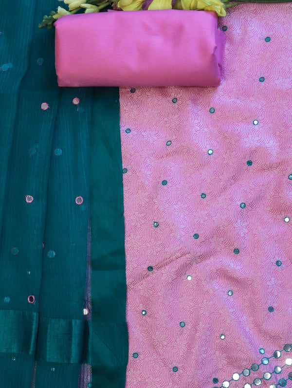 Banarasee Brocade Salwar Kameez Fabric With Mirror Work & Dupatta-Pink & Teal Green