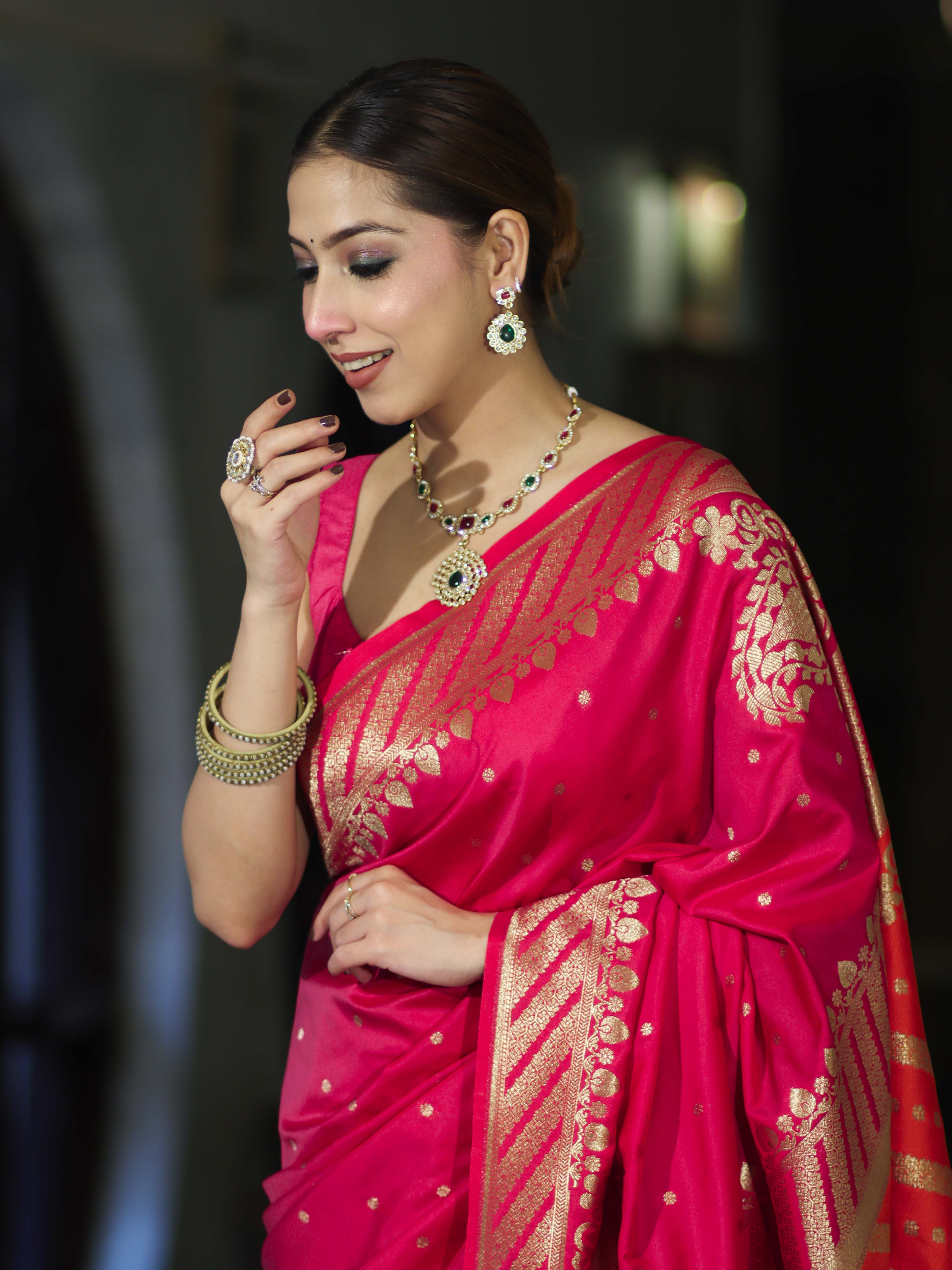 Banarasee Semi Katan Saree With Buti Design & Zari Woven Multicolor Pallu-Pink