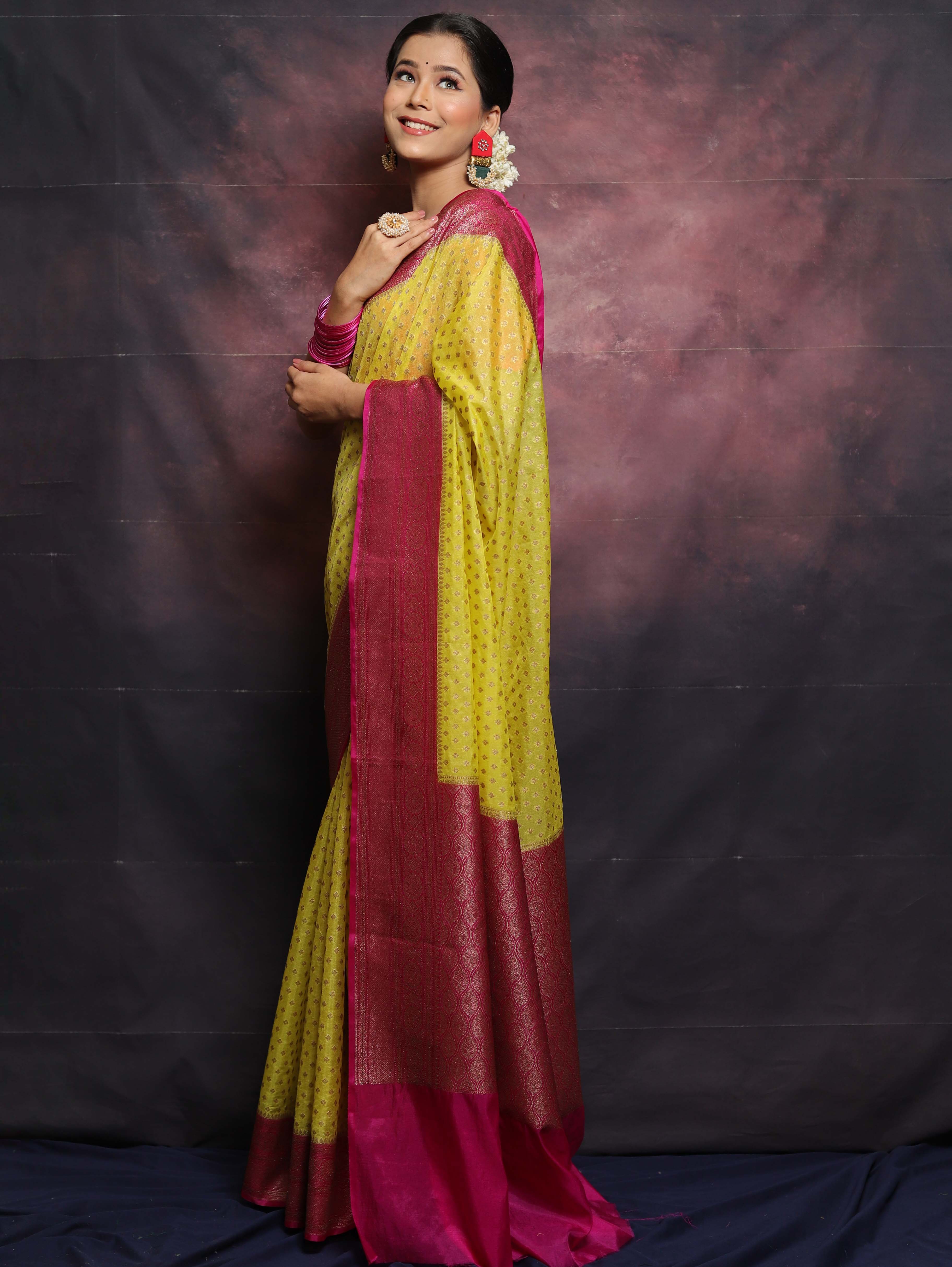 Banarasee Semi-Chiffon Antique Zari Saree Contrast Border Saree-Yellow & Pink