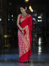 Banarasee Handwoven Plain Semi Katan Saree With Gold Zari Border-Red