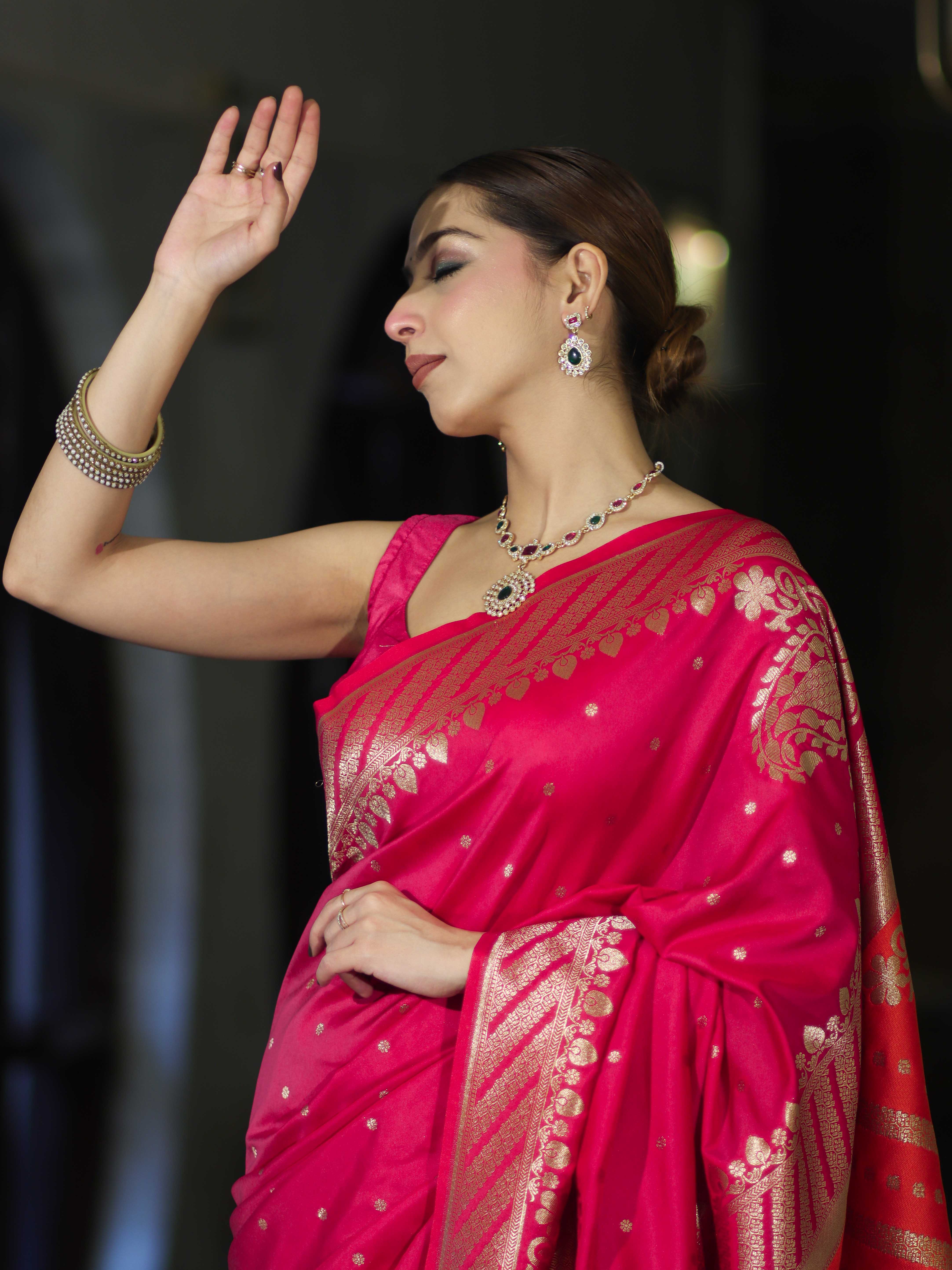Banarasee Semi Katan Saree With Buti Design & Zari Woven Multicolor Pallu-Pink