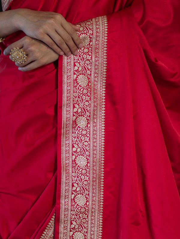 Banarasee Handwoven Plain Semi Katan Saree With Gold Zari Border-Red