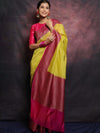 Banarasee Semi-Chiffon Antique Zari Saree Contrast Border Saree-Yellow & Pink