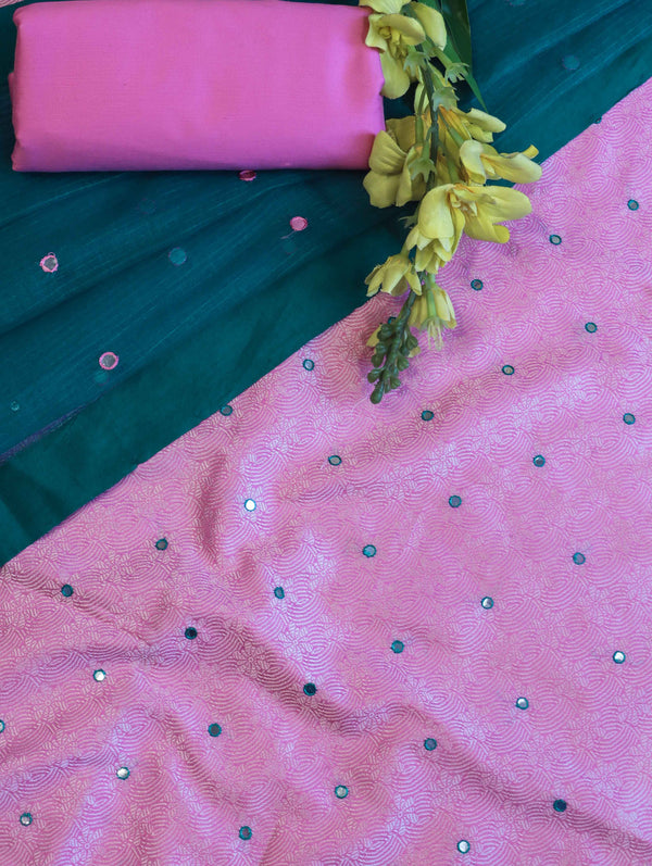 Banarasee Brocade Salwar Kameez Fabric With Mirror Work-Pink & Teal Green