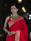 Banarasee Handwoven Plain Semi Katan Saree With Gold Zari Border-Red