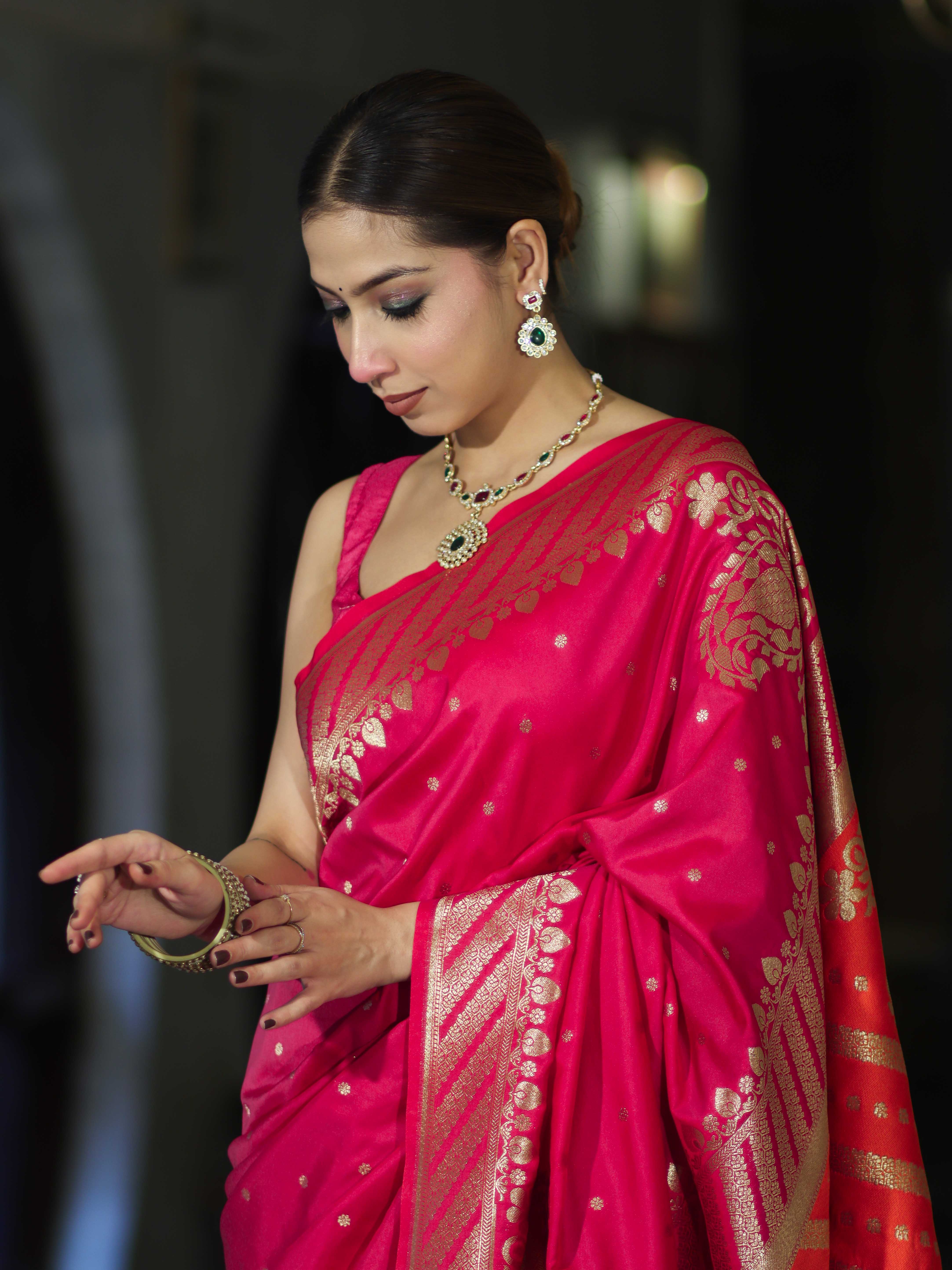 Banarasee Semi Katan Saree With Buti Design & Zari Woven Multicolor Pallu-Pink