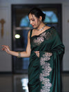 Banarasee Handloom Plain Semi Silk Saree With Zari Border-Deep Green