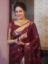 Banarasee Handwoven Semi Silk Saree With Zari Border-Maroon