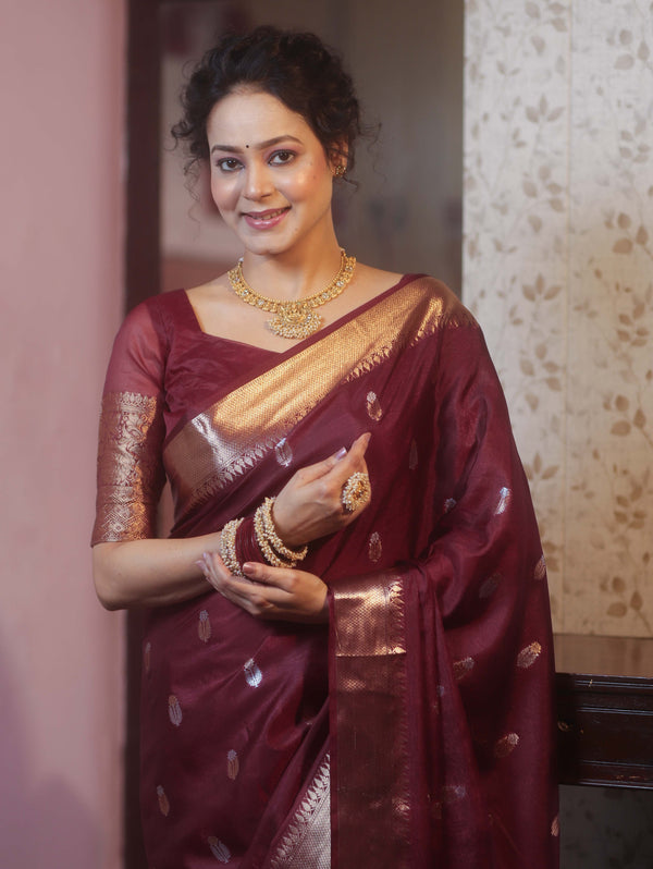 Banarasee Handwoven Semi Silk Saree With Zari Border-Maroon