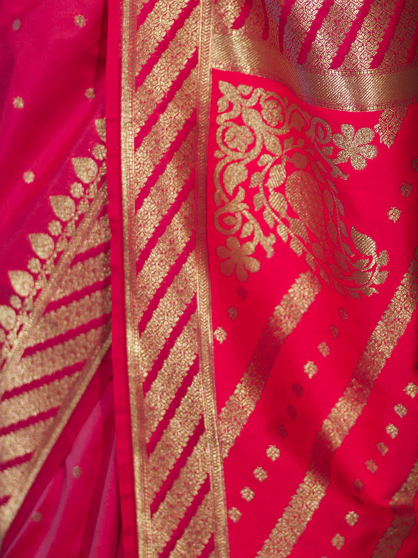Banarasee Semi Katan Saree With Buti Design & Zari Woven Multicolor Pallu-Pink