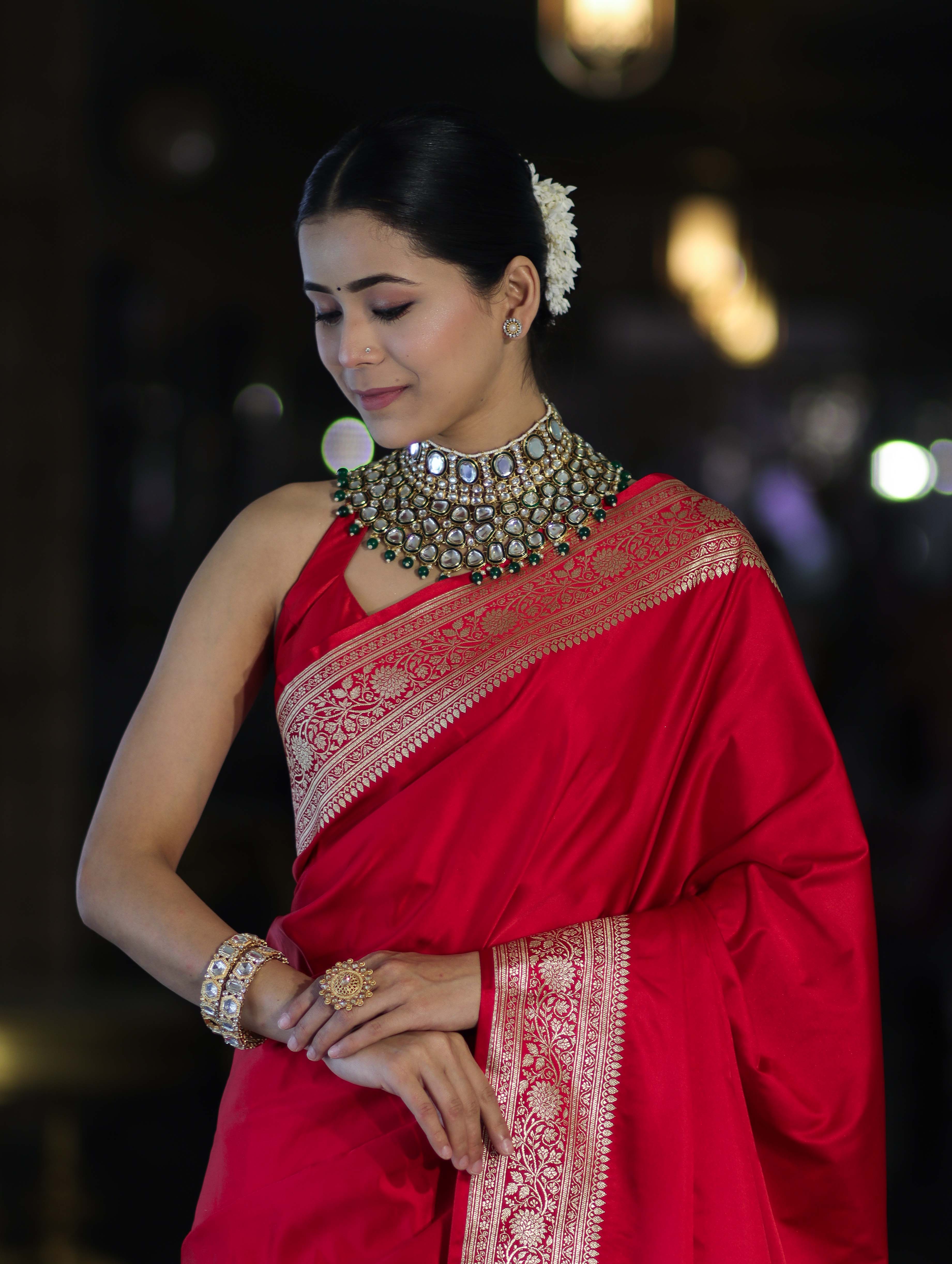 Banarasee Handwoven Plain Semi Katan Saree With Gold Zari Border-Red
