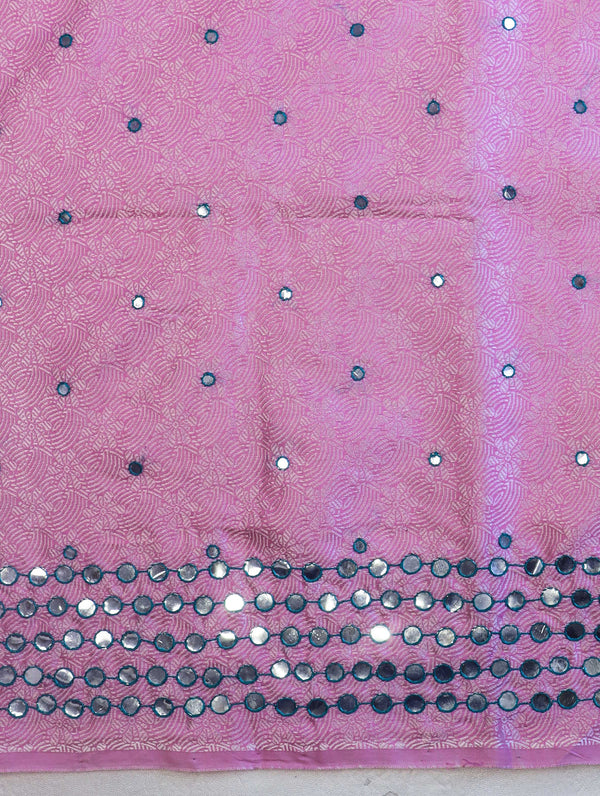 Banarasee Brocade Salwar Kameez Fabric With Mirror Work-Pink & Teal Green