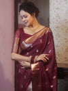 Banarasee Handwoven Semi Silk Saree With Zari Border-Maroon
