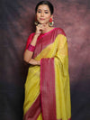 Banarasee Semi-Chiffon Antique Zari Saree Contrast Border Saree-Yellow & Pink