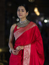 Banarasee Handwoven Plain Semi Katan Saree With Gold Zari Border-Red