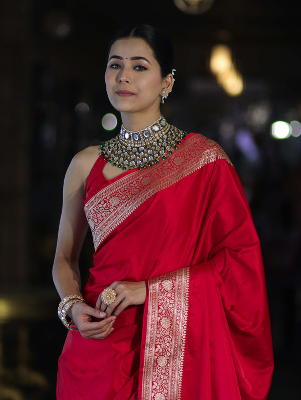 Banarasee Handwoven Plain Semi Katan Saree With Gold Zari Border-Red