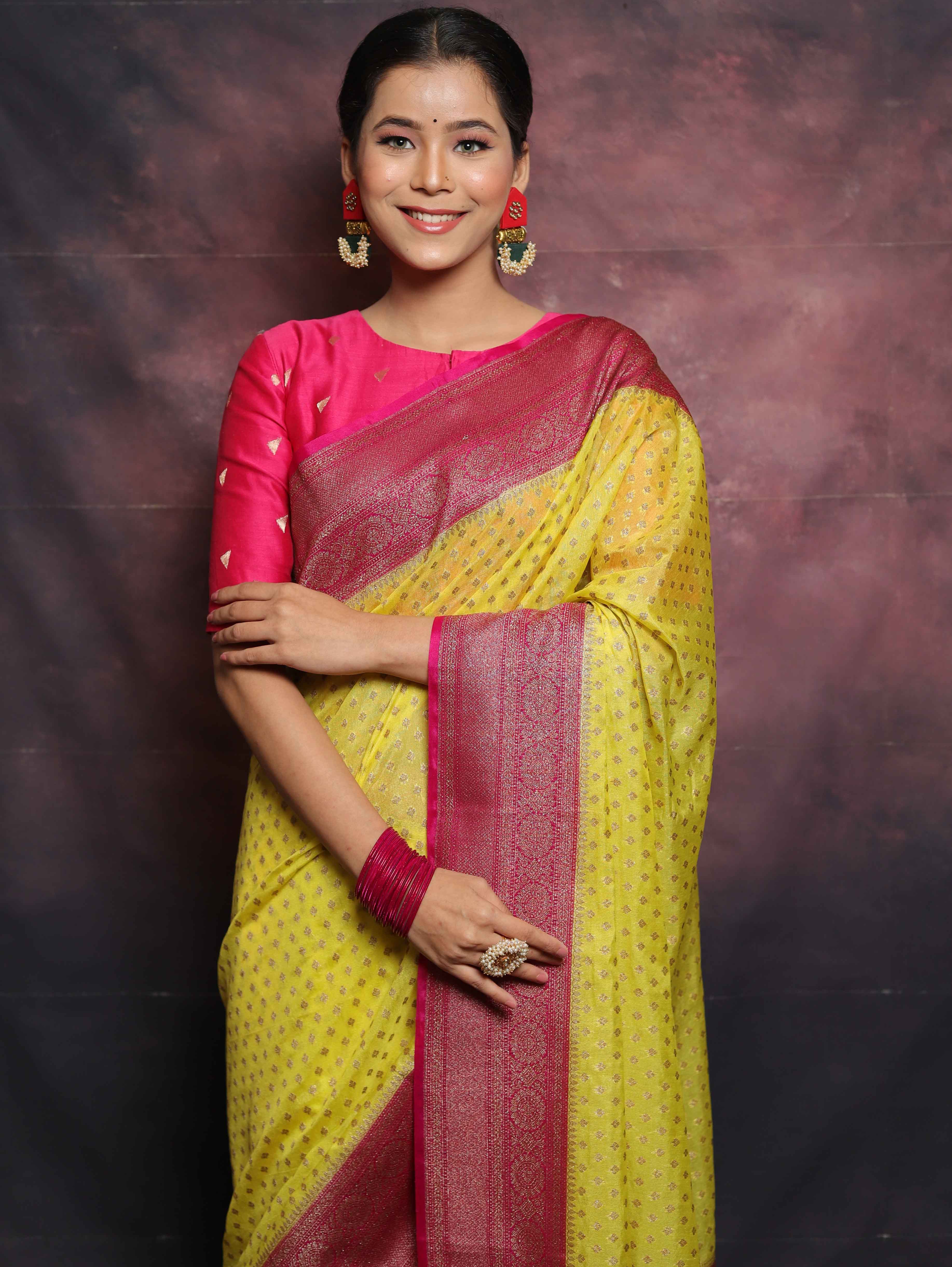 Banarasee Semi-Chiffon Antique Zari Saree Contrast Border Saree-Yellow & Pink