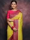 Banarasee Semi-Chiffon Antique Zari Saree Contrast Border Saree-Yellow & Pink