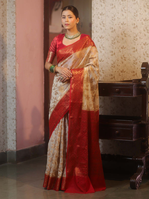 Banarasee Semi-Georgette Saree With Zari Jaal Design & Contrast Border-White & Red