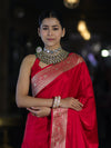 Banarasee Handwoven Plain Semi Katan Saree With Gold Zari Border-Red
