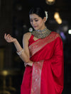 Banarasee Handwoven Plain Semi Katan Saree With Gold Zari Border-Red