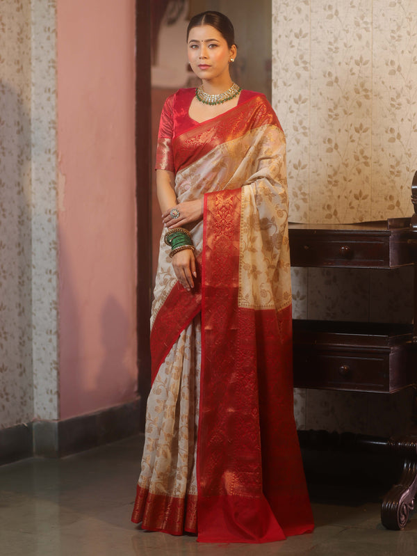 Banarasee Semi-Georgette Saree With Zari Jaal Design & Contrast Border-White & Red